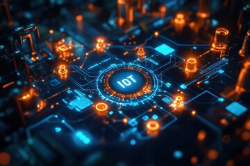Obraz premium High-tech circuit board with glowing internet of things icon.