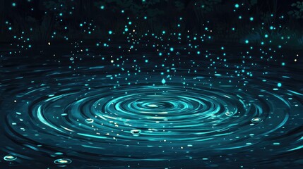 Mystical night scene with a water droplet creating ripples on a dark pond, surrounded by glowing fireflies.