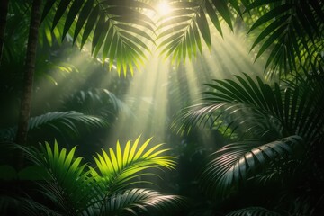 Sunlight Streaming Through Lush Green Jungle Canopy

