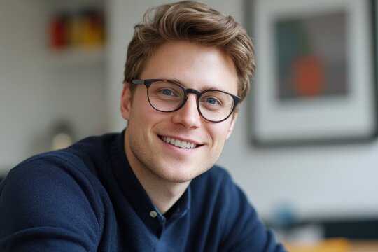 A young man with glasses smiles warmly at the camera in a close-up portrait.