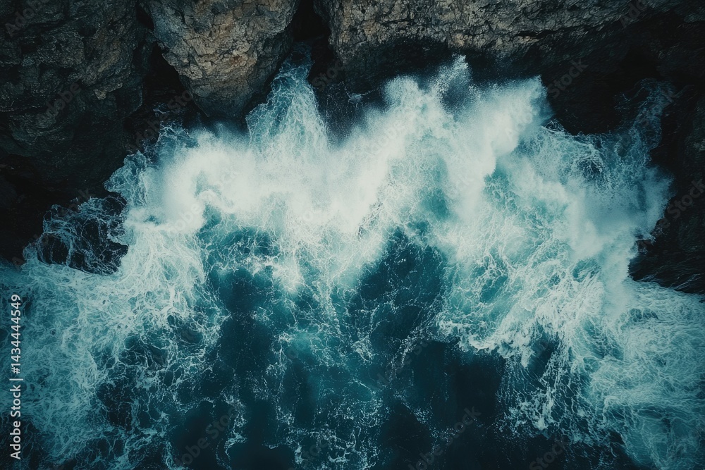 Poster aerial view of powerful ocean waves crashing against dark rocks, creating a dramatic scene.