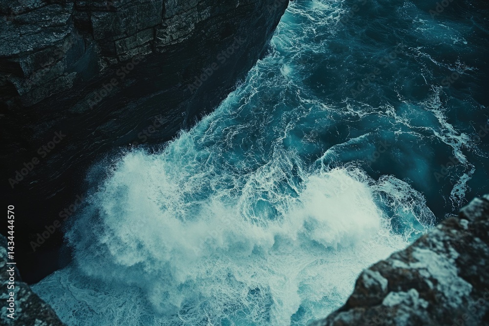 Poster ocean waves crashing against dark rocky cliffs, creating a dramatic and powerful scene.