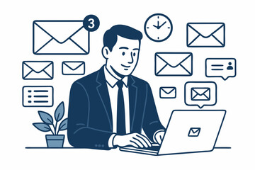 Professional businessman efficiently managing email inbox on laptop. Clean line art vector illustration depicting office productivity, communication workflow, and time management concepts.
