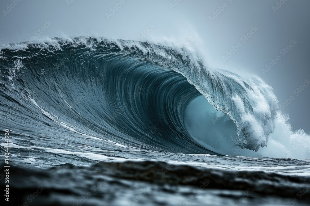 Poster a majestic, powerful ocean wave curls, showcasing its immense size and the raw power of nature.