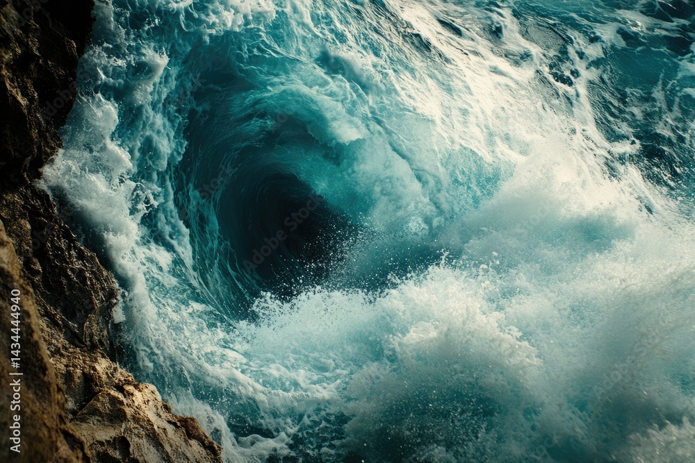Poster A powerful ocean wave crashes against rocks, creating a mesmerizing whirlpool of turquoise and white.