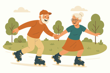 Vector illustration of a cheerful senior couple holding hands while roller skating in the park. Active elderly man and woman enjoying outdoor fun and healthy lifestyle.