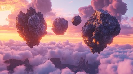 Ethereal digital artwork depicting floating islands above a breathtaking sunset cloudscape.