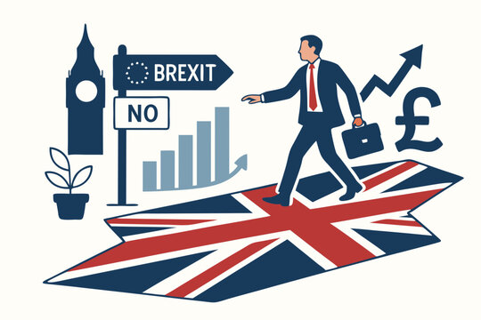 UK Economic Future After Brexit: Vector concept of businessman with briefcase walking on Union Jack towards growth graph & pound sign, leaving EU symbol & 'NO'. Big Ben icon.