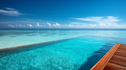 Obraz premium Infinity Pool and Ocean Serenity: An exquisite infinity pool merges seamlessly with the endless turquoise of the ocean under a bright, clear sky, creating an idyllic scene of tranquility and escape.