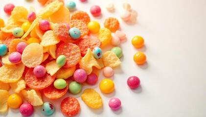 Obraz premium Pile of colorful candy, chips, and soda on white , white, high calorie