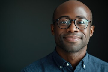 Fototapeta premium Close-up portrait of a smiling Black man wearing glasses against a dark background.