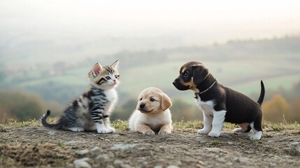 hilltop two playful kittens and two curious puppies on a misty morning