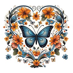 Colorful butterfly amidst heart of vibrant florals on white background element