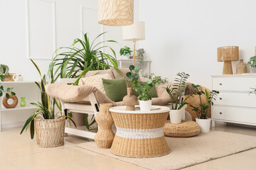 Interior of light living room with couch, table and green plants