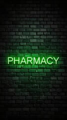 Fototapeta premium Green neon pharmacy sign illuminating dark brick wall at night