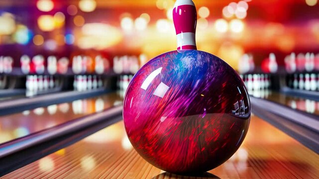 A bowler releases a colorful ball toward the pins in a lively bowling alley illuminated by vibrant lights during the evening hours