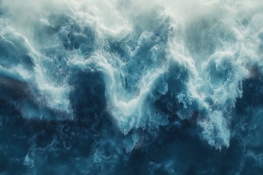 Turbulent ocean waves crash, creating a mesmerizing spectacle of foam and churning water.