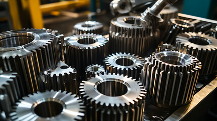 Mechanical arm assembling precision gears for industrial machines in a heavy machinery plant, organized workstations with gear components visible, Gear assembly style
