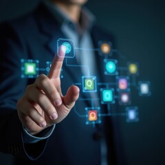 Man’s hands swipe through floating holographic app icons, futuristic transparent interface, dark background.

