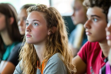 Obraz premium A young girl with long blonde hair attentively listens during a presentation or lecture, surrounded by other students.