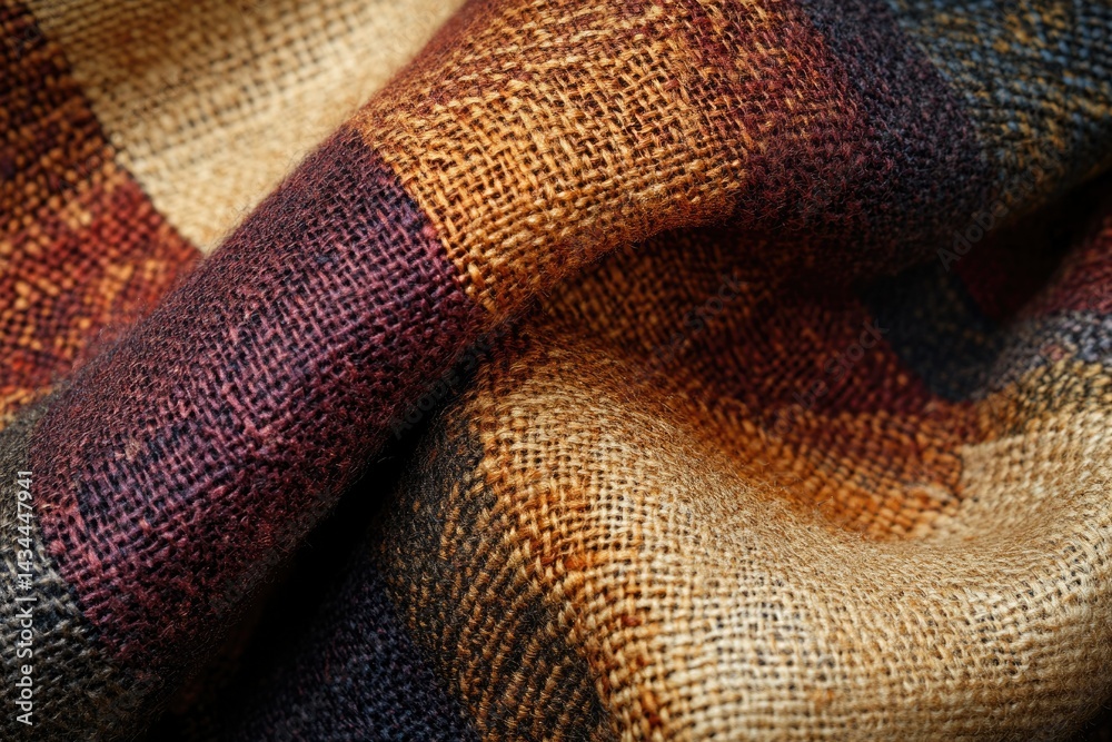 Aufkleber close-up of a textured woolen fabric with a plaid pattern in earthy tones.