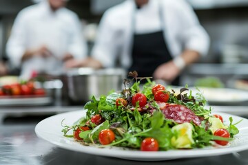 Gourmet salad plated in professional kitchen with chef preparing dishes
