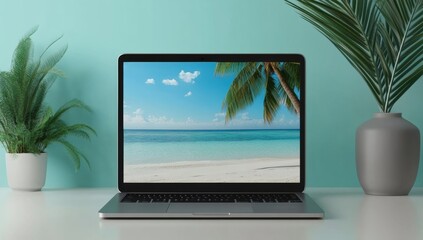 Fototapeta premium laptop and palm tree
