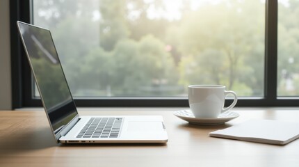Fototapeta premium Sleek silver laptop and white coffee cup on clean wooden desk, minimalist workspace with bright natural light.