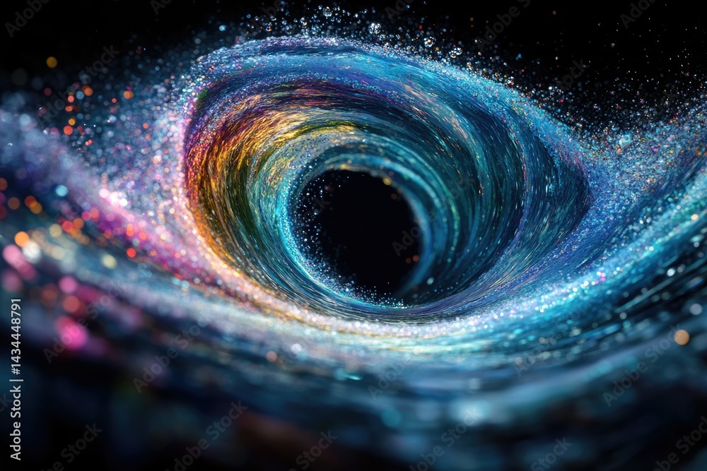 Poster a mesmerizing swirling vortex of vibrant colors and sparkling particles, resembling a cosmic whirlpo