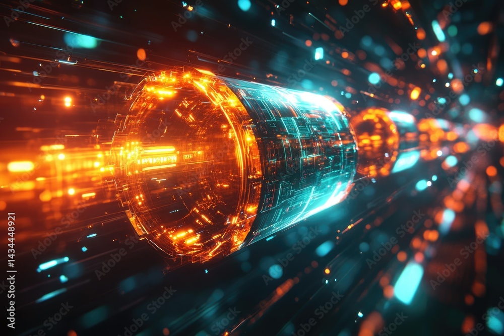 Poster Abstract digital tunnel with glowing orange and cyan light trails, showcasing futuristic technology and data flow.