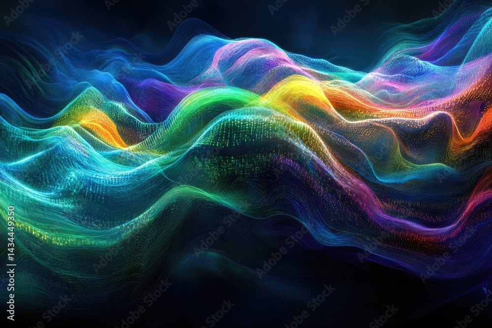 Poster abstract colorful digital waves flowing, vibrant particle landscape, dynamic digital art.