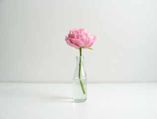 Single pink peony in clear glass vase, centered on white background, minimal and elegant with soft light.

