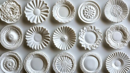 White plates exhibit intricate decorative patterns