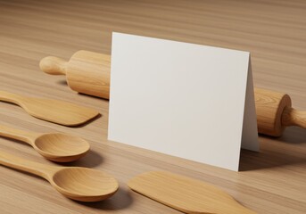 Blank card with kitchen utensils mockup on wooden table