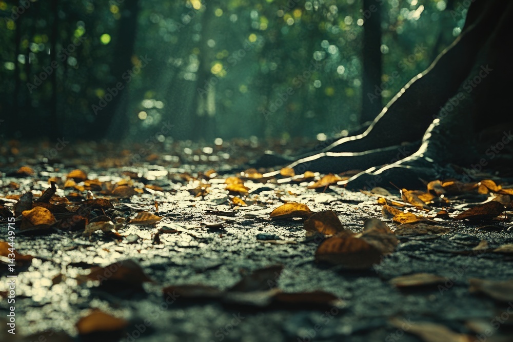 Aufkleber sunlit autumn leaves scattered on forest ground near tree roots.