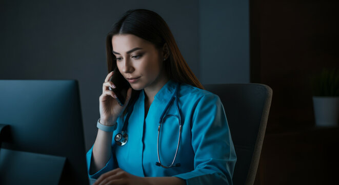 Female hispanic young doctor working in office at night with computer and phone - Powered by Adobe