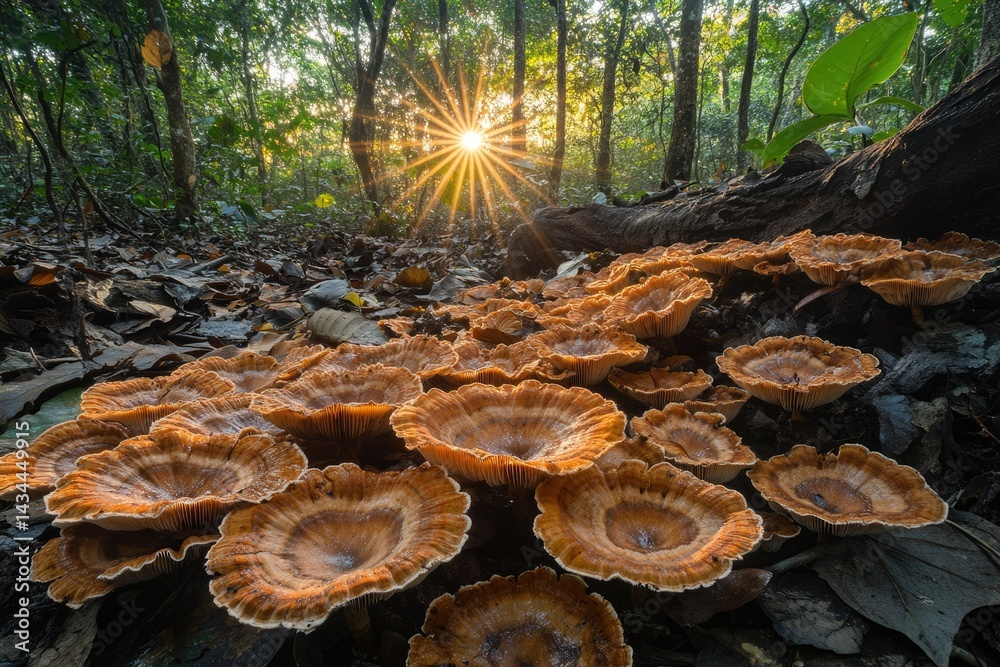 Poster sunlit cluster of orange mushrooms thriving on forest floor at sunrise.