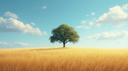 Solitary oak tree in golden field beneath dramatic blue sky, minimal and tranquil landscape.


