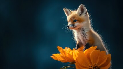 Obraz premium Fox cub stands on orange flowers in a field against a dark background. Use nature blog