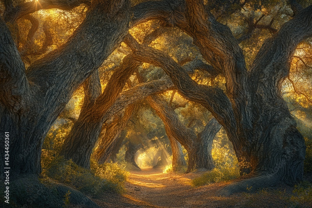 Aufkleber sunlit path through ancient, gnarled oak trees creates a magical, enchanting forest scene.