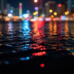 Vivid city lights create abstract ripples and colors on water at night, painterly and dynamic reflection.

