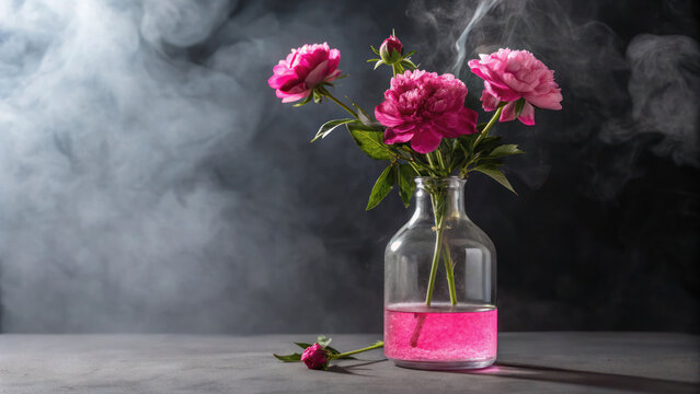 Studio lit bottle with vibrant pink base and floating neon peonies in glass vase, moody dark mist in back. - Powered by Adobe