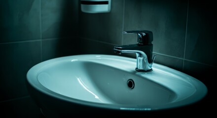 Fototapeta premium Sleek modern bathroom sink with shiny chrome faucet in moody lighting