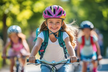 Joyful girl rides bicycle with helmet and backpack on sunny day