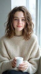 Cozy Winter Vibes - Young Woman Holding White Product by Window with Intrigued Expression and Warm Natural Light Feel