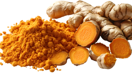 Fresh turmeric root and bright orange powder beside it, isolated on white background