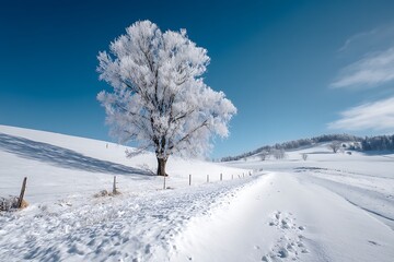 Obraz premium striking snowy landscape with frozen tree in sunlight 