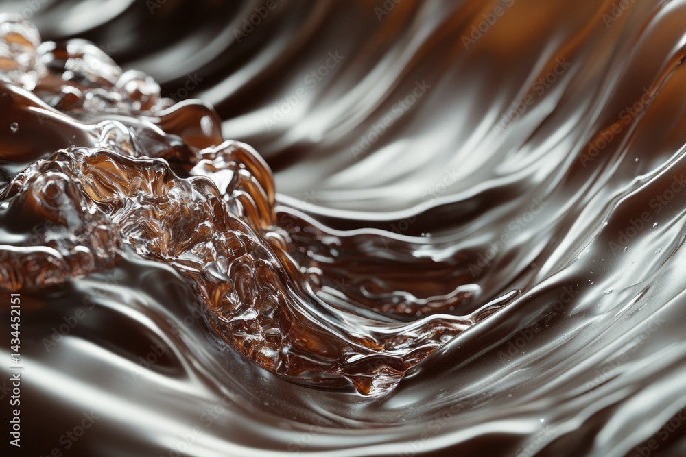 Poster close-up of flowing dark liquid, showcasing its texture and movement with shimmering highlights.