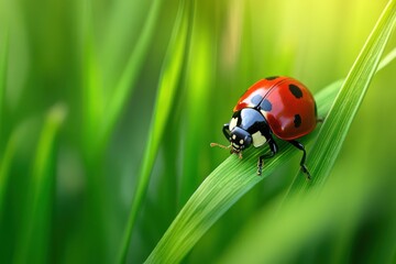 Fototapeta premium Ladybug perched on vibrant green grass blade in nature