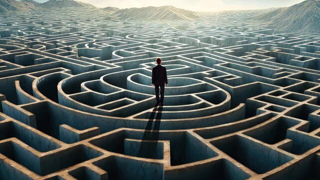 A businessman navigates a complex maze from a sky view, illustrating challenges faced in decision-making and problem-solving in a dynamic environment at daytime